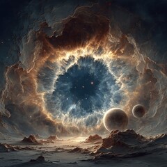 Cosmic eye-like nebula, planets, and a rugged, rocky terrain