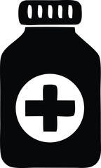 Simple black silhouette of a medical pill bottle with a white cross symbol on an oval label