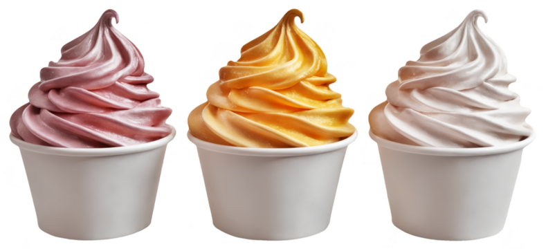 Frozen Yogurt Cups Collection – Strawberry, Mango and Vanilla Soft Serve Desserts on Transparent Background for Food Packaging, Menu Design and Digital Marketing