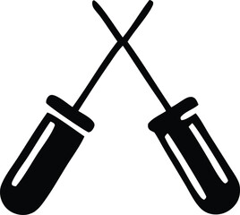 Two black silhouette screwdrivers crossed in an x shape on a white background representing tools and repair