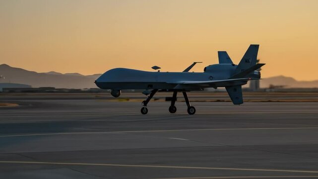Armed drone taxiing on desert airstrip during military operation