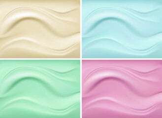 wavy, fluid-like textures backgrounds in pastel colors: cream, light blue, mint green, and pink, smooth, undulating curves