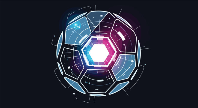 Futuristic Digital Soccer Ball with Glowing Hexagonal Core and Intricate Geometric Patterns
