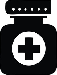 Simple black silhouette of a medicine bottle with a white cross symbol on a white background representing healthcare and pharmaceuticals