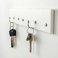 Key holder with various keys hanging on a minimalist white wall mount.