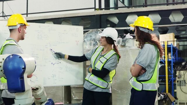 Group male and female robot engineers meet robot discuss and write their work blackboard understand offer ideas and listen their opinions work will be successful completed according to the goal.