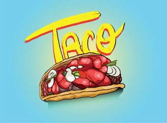 Delicious crunchy tacos with vegetables and meat reflecting on a surface