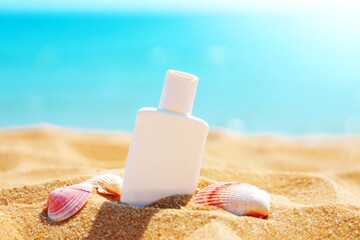 Sunscreen Lotion Bottle with Seashells on Tropical Beach Sand Against Blue Ocean Background