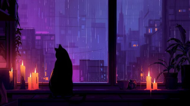 lofi art, It's a rainy night and a black cat is looking out the window and listening to the rain. purple color, candles, lights, lofi, lo-fi, lofi art, animation; city, rain, purple, candle, starlight