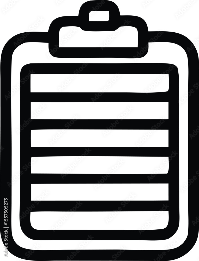 Poster a simple black and white icon of a clipboard with horizontal lines representing paper perfect for li