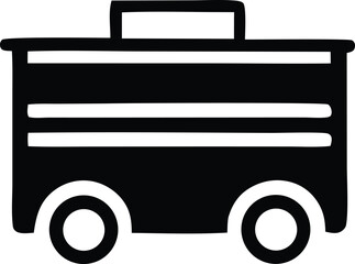 Simple black and white icon representing a stylized bus with two horizontal white stripes and two circular wheels