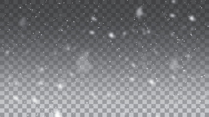 Clear snowflakes and frost white snow particles on isolated transparent background. Vector snowfall