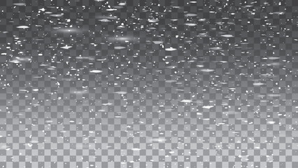 Clear snowflakes and frost white snow particles on isolated transparent background. Vector snowfall