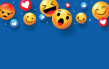 Colorful 3D emojis and reaction icons like thumbs up and hearts floating on blue background. Ideal for banners, social engagement, digital media, or fun communication designs.