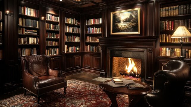 Dark wood library with fireplace and armchairs