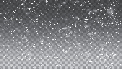 Transparent background with small falling snowflakes. Snow storm effect, blurred, cold wind with snow.