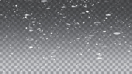 Transparent background with small falling snowflakes. Snow storm effect, blurred, cold wind with snow.
