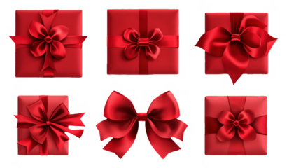 Set of Red Gift Boxes with Bows on Black Background - Isolated Luxury Present Elements for Holiday Designs and Digital Compositions