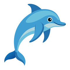A charming cartoon illustration of a blue dolphin leaping gracefully showcasing its sleek form and playful nature against a clean white background perfect for children