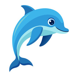 A cheerful cartoon dolphin leaps from the water rendered in shades of blue with a friendly smile and playful pose against a clean white background