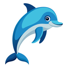 A cheerful cartoon dolphin leaps with joy its blue body shimmering with shades of light and dark set against a clean white background creating a