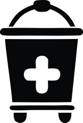 Obraz premium Black silhouette of a medical waste bin with a prominent white cross symbol and a curved handle on a white background