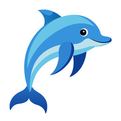 A charming cartoon illustration of a blue dolphin gracefully leaping featuring a playful design with smooth lines and a friendly expression against a clean white