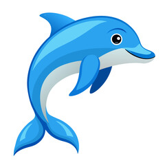 Cheerful Cartoon Dolphin Leaping with Joy Featuring a Bright Blue Body White Belly and a Friendly Smile on a Clean White Background Ideal for Children