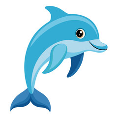 A cheerful cartoon dolphin with a friendly smile leaps upwards showcasing its sleek blue body and flippers against a clean white background perfect for children