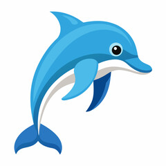 A cheerful cartoon dolphin leaps with joy featuring shades of blue and white set against a clean bright white background perfect for children s illustrations