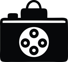 Black and white silhouette icon of a vintage camera with a film reel symbol on its front representing photography and filmmaking