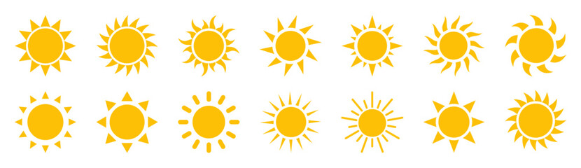 Collection of sun icons with various ray shapes. Perfect for weather apps, summer themes, travel graphics, UI elements, and climate or sunlight related vector designs. Icons, vector.