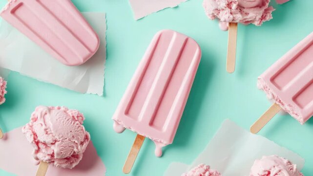 Sweet pink and white ice popsicles with chocolate chips on top. They are a fun treat for hot summer days.