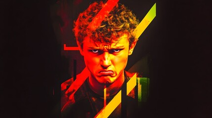 Angry young man, red graphic background, poster design