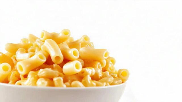 Homemade macaroni and cheese served with popcorn in a white bowl on a white table, highlighting the creamy texture of the macaroni and the light crunch of the popcorn.