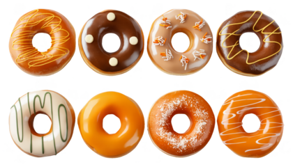 Assorted Glazed Donuts Collection – Chocolate, Caramel and Vanilla Varieties on Transparent Background for Food Marketing and Menu Design