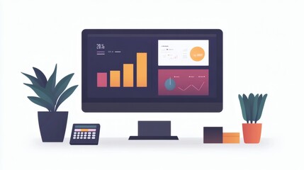 Obraz premium Desk with computer displaying business analytics graphs, charts, and data.
