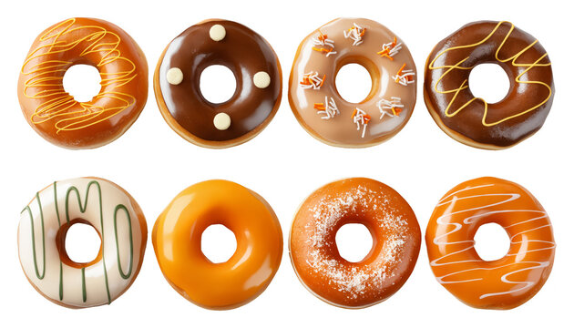 Assorted Glazed Donuts Collection &ndash; Chocolate, Caramel and Vanilla Varieties on Transparent Background for Food Marketing and Menu Design
