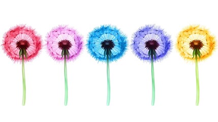 Colorful dandelion clocks against white, design element