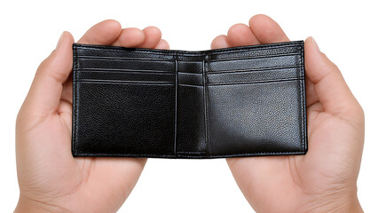 hands holding an open black leather wallet on transparent background PNG