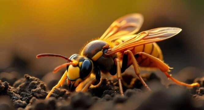 Macro video of Cicada Killer Wasp digging soil nest, revealing intricate insect behavior in high-definition clarity.

