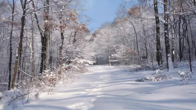 Snowy forest path under sunny sky
