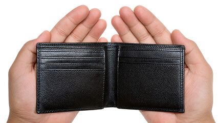 hands holding an open black leather wallet on transparent background PNG