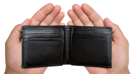 hands holding an open black leather wallet on transparent background PNG