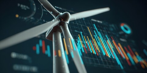 energy stock power trading. Wind turbine with digital analytics representation in a modern design.