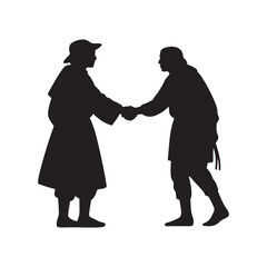 Pilgrim and Native American Shaking Hands – Unity Silhouette Vector in Black and White