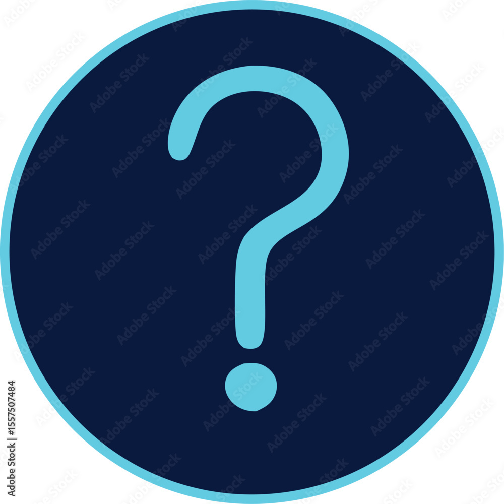 Poster a bright cyan question mark symbol is prominently displayed within a dark blue circular background w