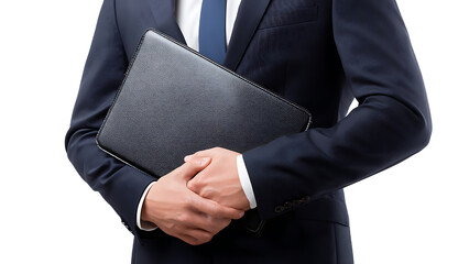 a professional man in navy suit holding leather portfolio folder on transparent background PNG