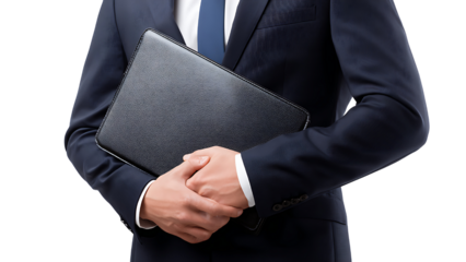 a professional man in navy suit holding leather portfolio folder on transparent background PNG