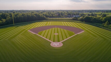 High-angle view of a baseball diamond, meticulously maintained with striped, manicured grass, surrounded by trees and suburban homes